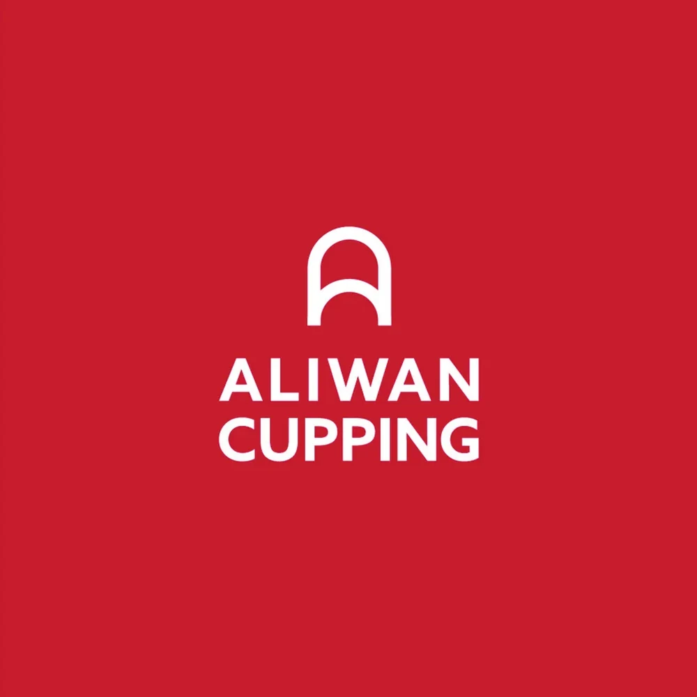 Aliwan Cupping logo in English, in white on red